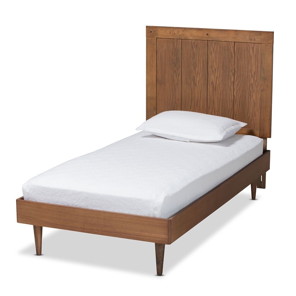 BAXTON STUDIO NICOLA MID-CENTURY MODERN TRANSITIONAL ASH WALNUT FINISHED WOOD TWIN SIZE PLATFORM BED