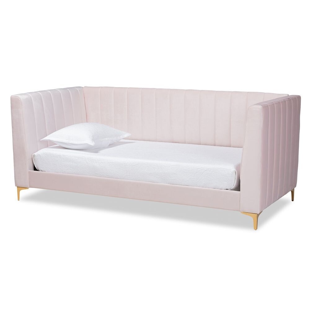 BAXTON STUDIO OKSANA MODERN CONTEMPORARY GLAM AND LUXE LIGHT PINK VELVET FABRIC UPHOLSTERED AND GOLD FINISHED TWIN SIZE DAYBED