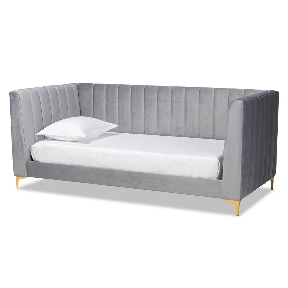 BAXTON STUDIO OKSANA MODERN CONTEMPORARY GLAM AND LUXE LIGHT GREY VELVET FABRIC UPHOLSTERED AND GOLD FINISHED TWIN SIZE DAYBED