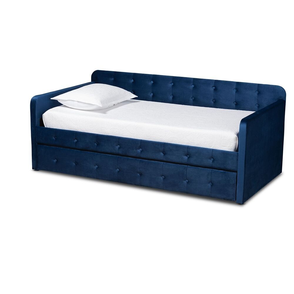 BAXTON STUDIO JONA MODERN AND CONTEMPORARY TRANSITIONAL NAVY BLUE VELVET FABRIC UPHOLSTERED AND BUTTON TUFTED TWIN SIZE DAYBED WITH TRUNDLE