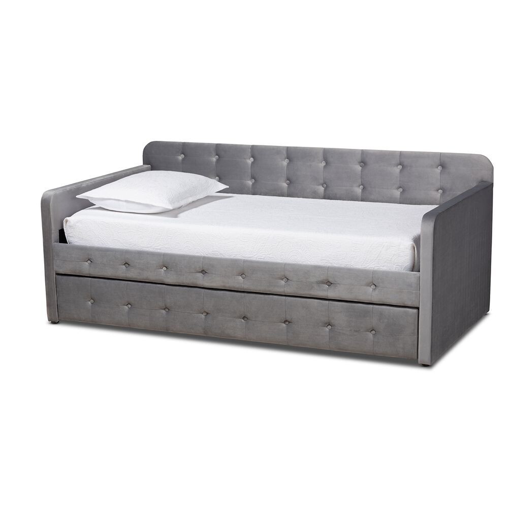 BAXTON STUDIO JONA MODERN AND CONTEMPORARY TRANSITIONAL GREY VELVET FABRIC UPHOLSTERED AND BUTTON TUFTED TWIN SIZE DAYBED WITH TRUNDLE