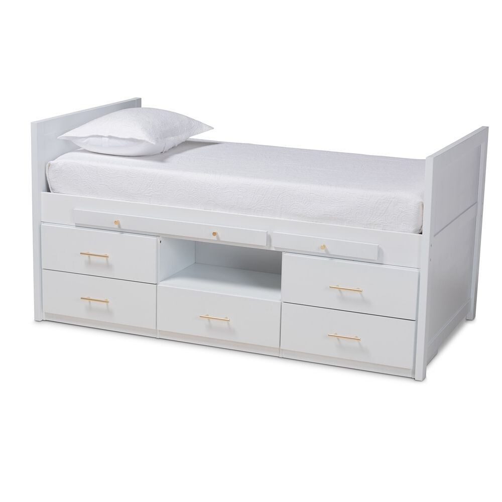 BAXTON STUDIO MIRZA MODERN AND CONTEMPORARY WHITE FINISHED WOOD 5-DRAWER TWIN SIZE STORAGE BED WITH PULL-OUT DESK