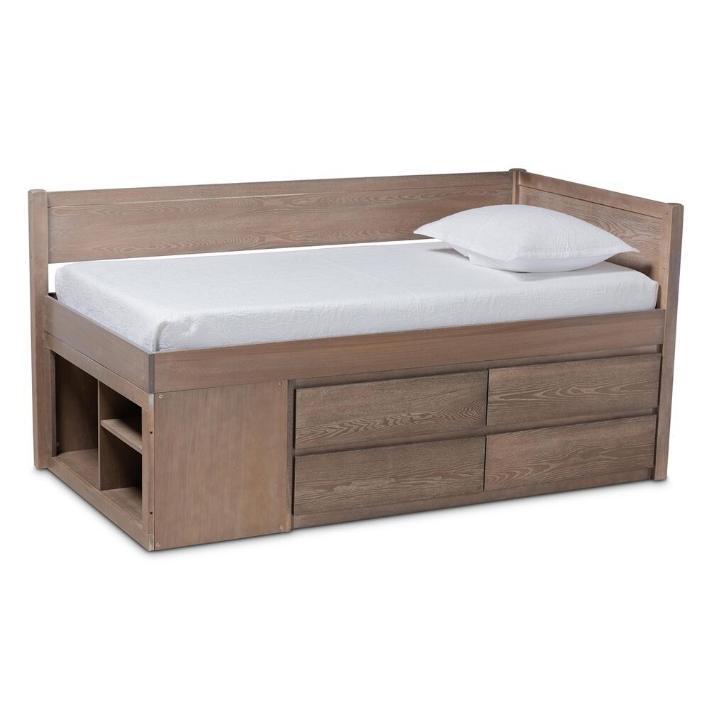 BAXTON STUDIO LEVON MODERN AND CONTEMPORARY ANTIQUE OAK FINISHED WOOD 4-DRAWER TWIN SIZE STORAGE BED