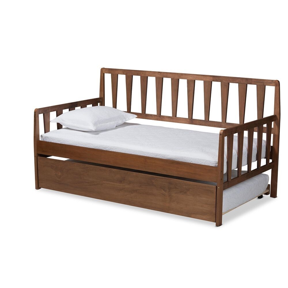 BAXTON STUDIO MIDORI MODERN AND CONTEMPORARY TRANSITIONAL WALNUT BROWN FINISHED WOOD TWIN SIZE DAYBED WITH ROLL-OUT TRUNDLE BED