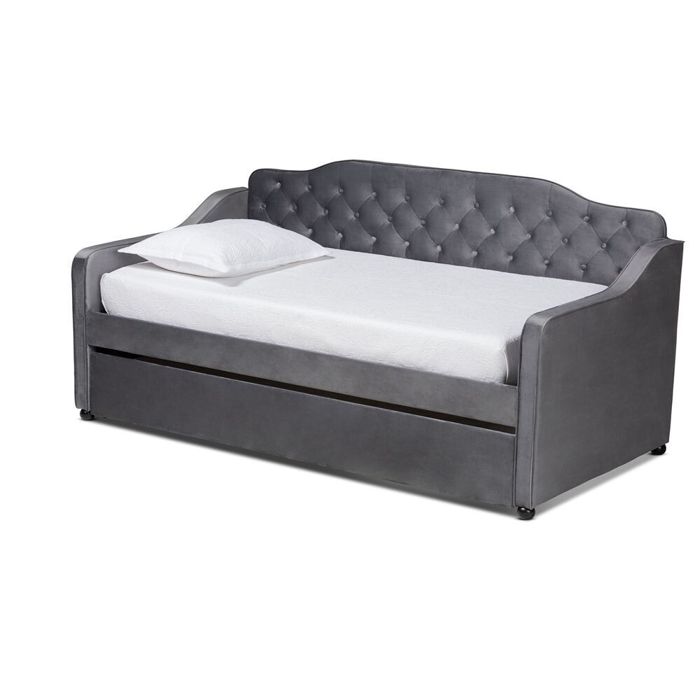 BAXTON STUDIO FREDA TRADITIONAL AND TRANSITIONAL GREY VELVET FABRIC UPHOLSTERED AND BUTTON TUFTED TWIN SIZE DAYBED WITH TRUNDLE