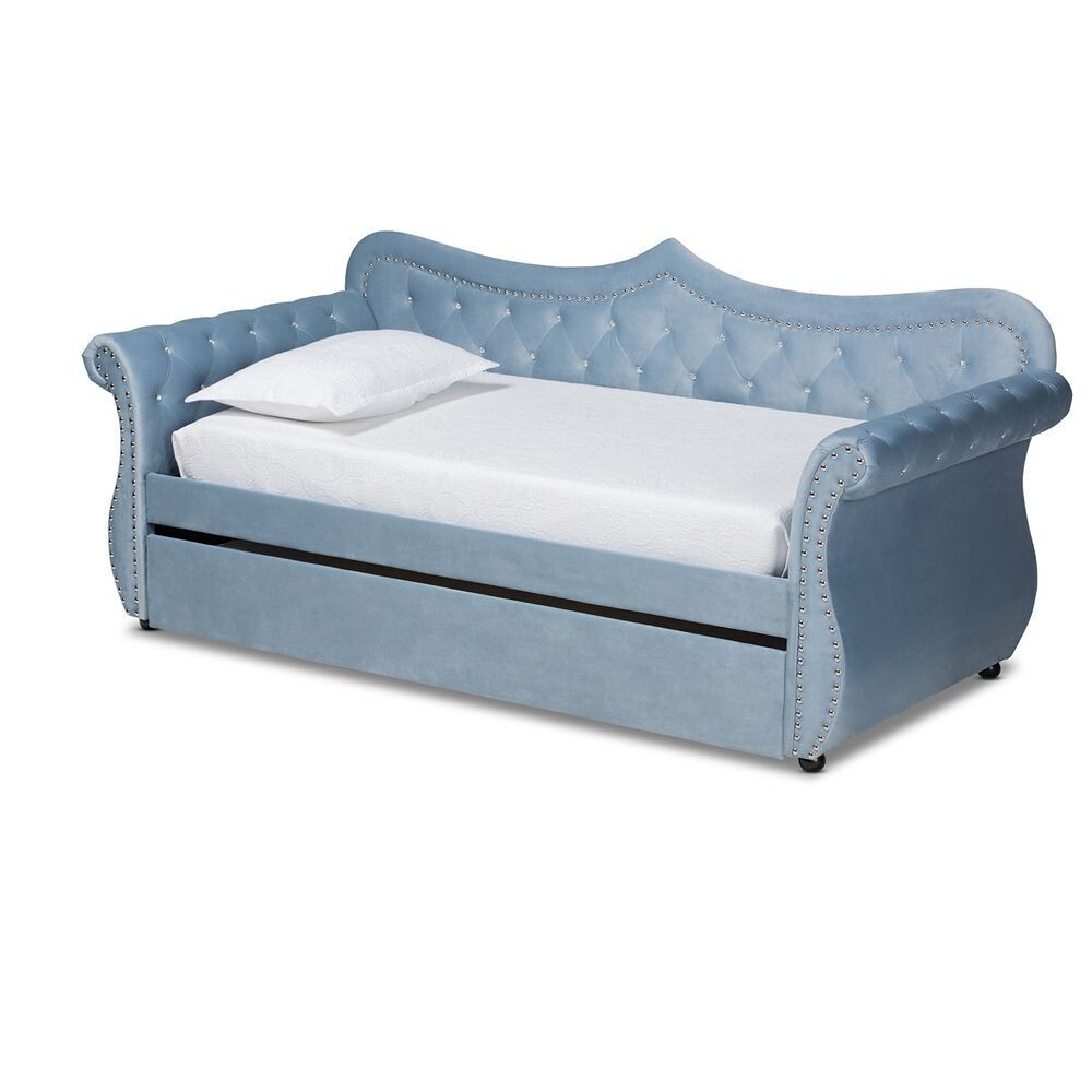 BAXTON STUDIO ABBIE TRADITIONAL AND TRANSITIONAL LIGHT BLUE VELVET FABRIC UPHOLSTERED AND CRYSTAL TUFTED TWIN SIZE DAYBED WITH TRUNDLE