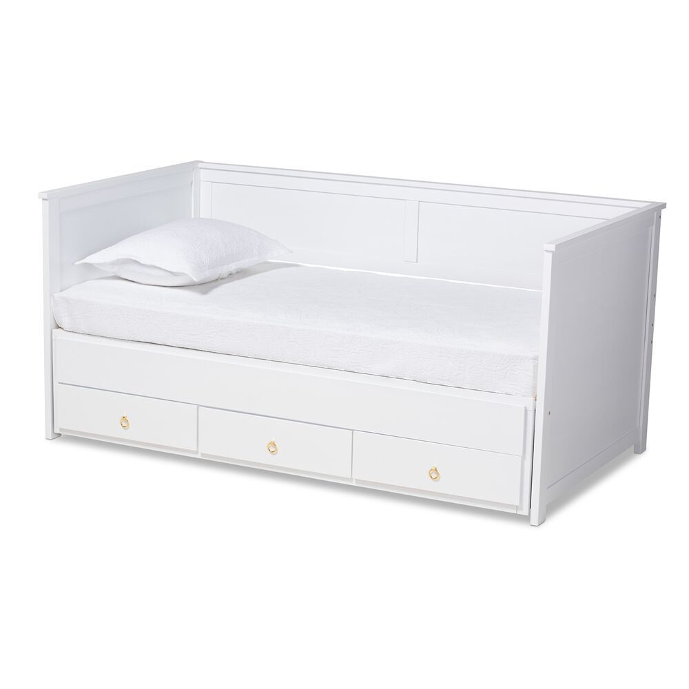 BAXTON STUDIO THOMAS CLASSIC AND TRADITIONAL WHITE FINISHED WOOD EXPANDABLE TWIN SIZE TO KING SIZE DAYBED WITH STORAGE DRAWERS