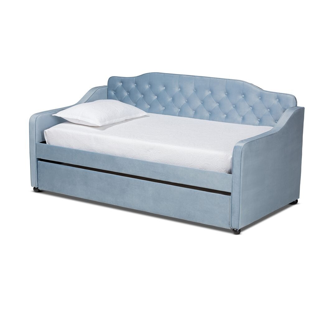 BAXTON STUDIO FREDA TRADITIONAL AND TRANSITIONAL LIGHT BLUE VELVET FABRIC UPHOLSTERED AND BUTTON TUFTED TWIN SIZE DAYBED WITH TRUNDLE