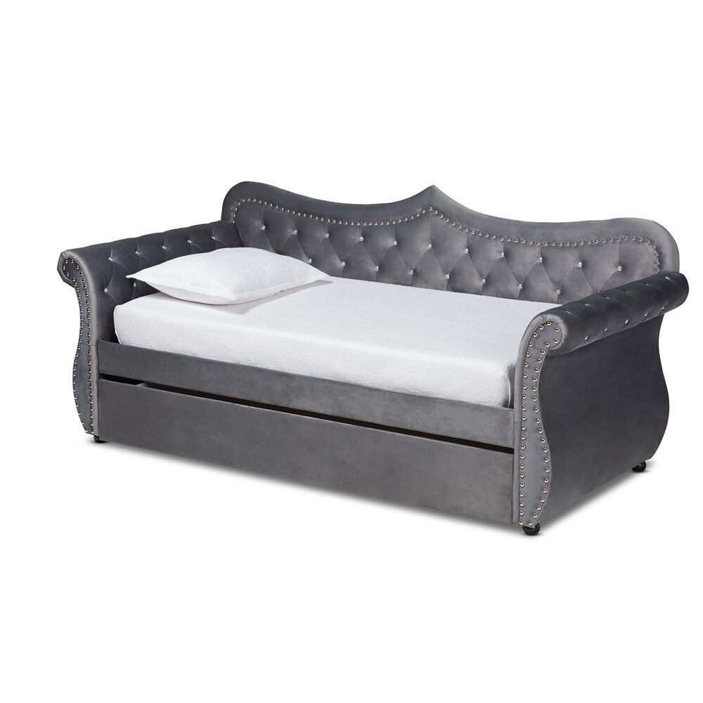 BAXTON STUDIO ABBIE TRADITIONAL AND TRANSITIONAL GREY VELVET FABRIC UPHOLSTERED AND CRYSTAL TUFTED TWIN SIZE DAYBED WITH TRUNDLE