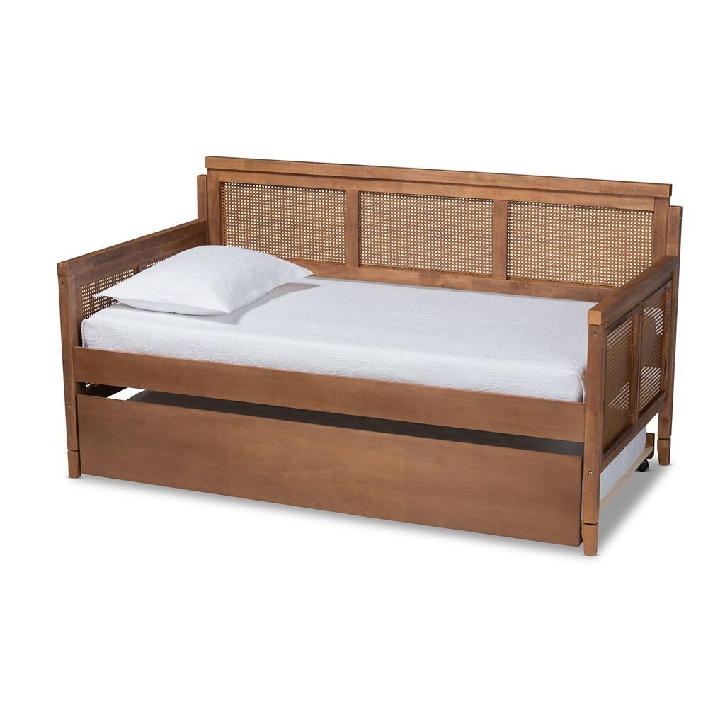 BAXTON STUDIO TOVELI VINTAGE FRENCH INSPIRED ASH WANUT FINISHED WOOD AND SYNTHETIC RATTAN DAYBED WITH TRUNDLE