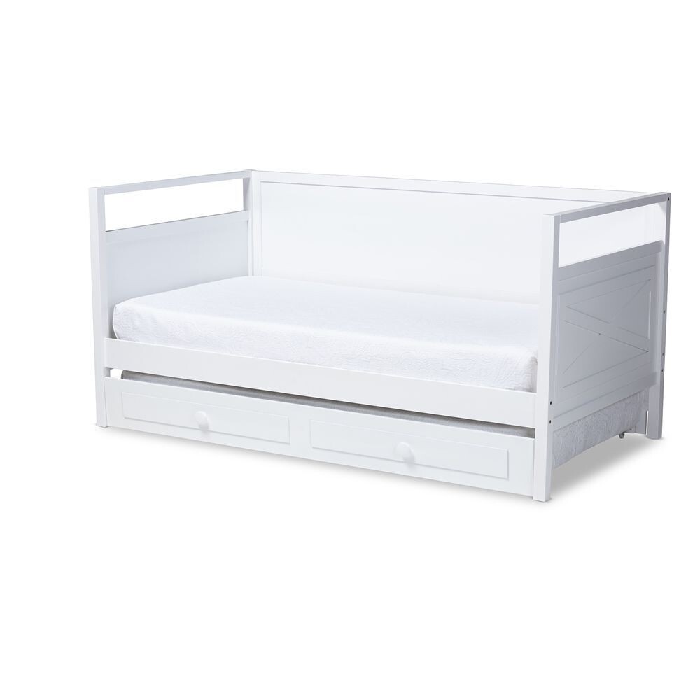 BAXTON STUDIO CINTIA COTTAGE FARMHOUSE WHITE FINISHED WOOD TWIN SIZE DAYBED WITH TRUNDLE