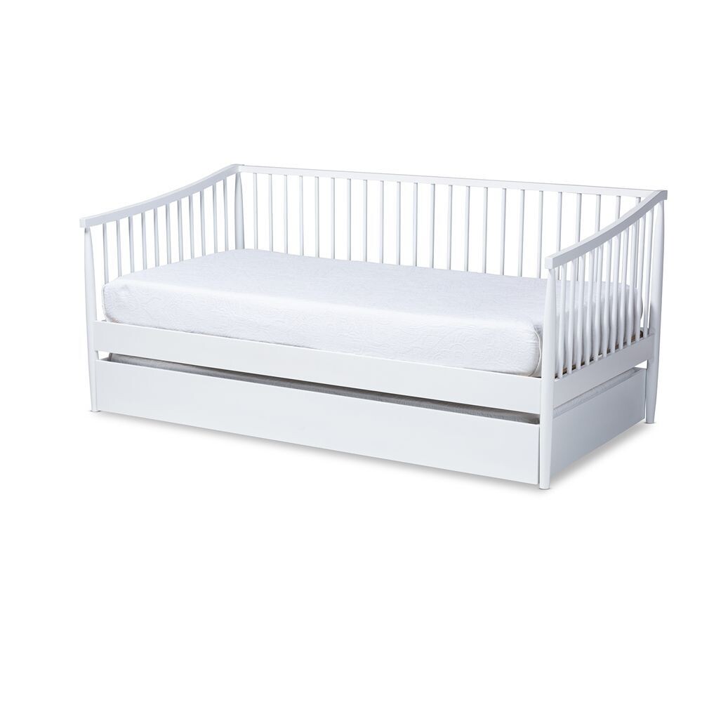 BAXTON STUDIO RENATA CLASSIC AND TRADITIONAL WHITE FINISHED WOOD TWIN SIZE SPINDLE DAYBED WITH TRUNDLE
