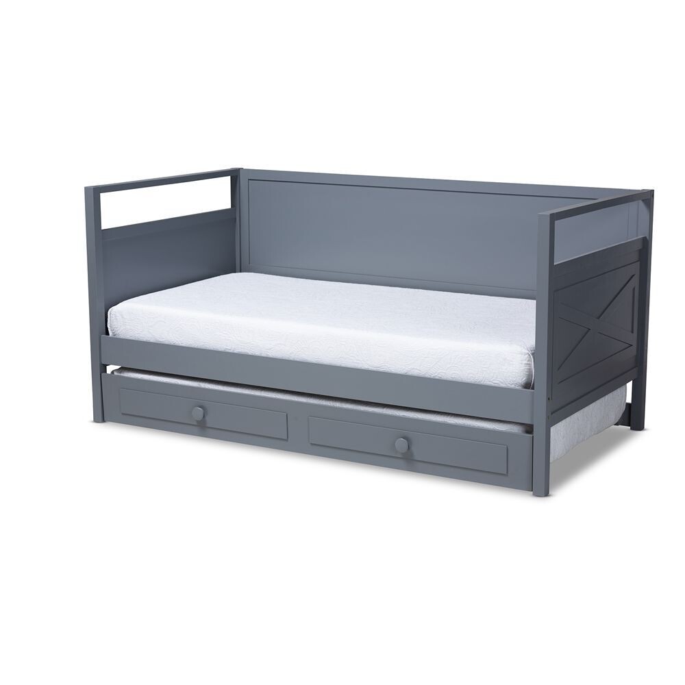 BAXTON STUDIO CINTIA COTTAGE FARMHOUSE GREY FINISHED WOOD TWIN SIZE DAYBED WITH TRUNDLE