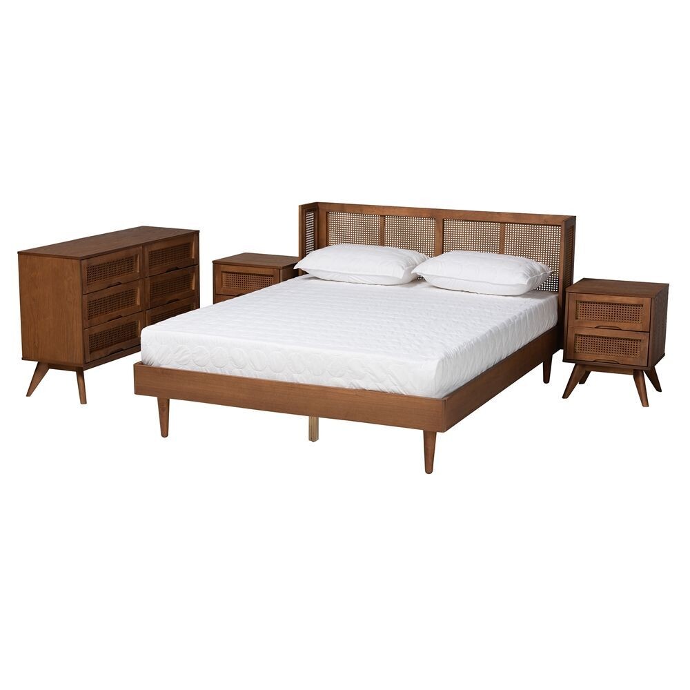 BAXTON STUDIO RINA MID-CENTURY MODERN ASH WALNUT FINISHED WOOD 4-PIECE FULL SIZE BEDROOM SET WITH SYNTHETIC RATTAN