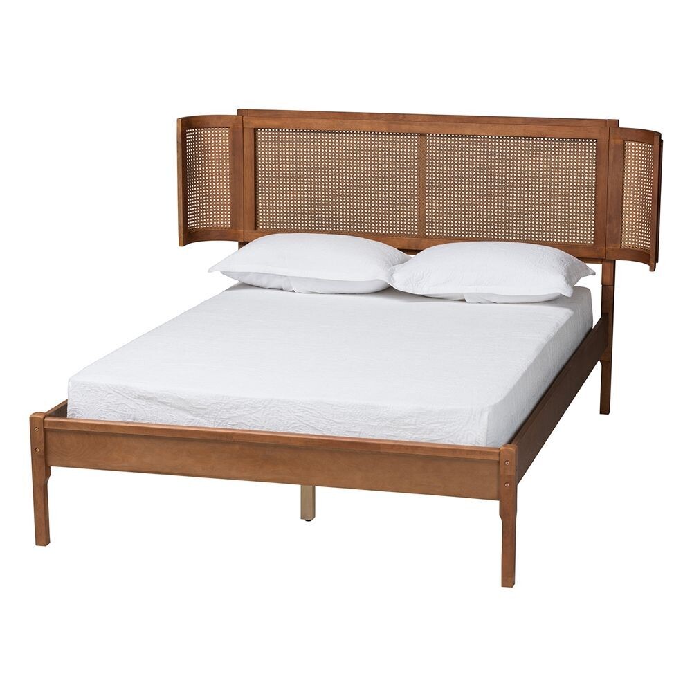 BAXTON STUDIO ERIDIAN MID-CENTURY MODERN WALNUT BROWN FINISHED WOOD AND NATURAL RATTAN FULL SIZE PLATFORM BED
