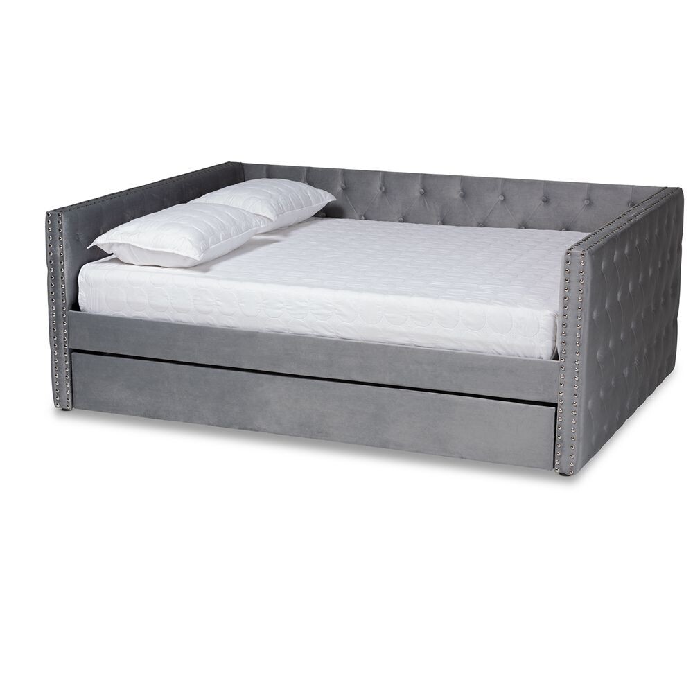 BAXTON STUDIO LARKIN MODERN AND CONTEMPORARY GREY VELVET FABRIC UPHOLSTERED FULL SIZE DAYBED WITH TRUNDLE