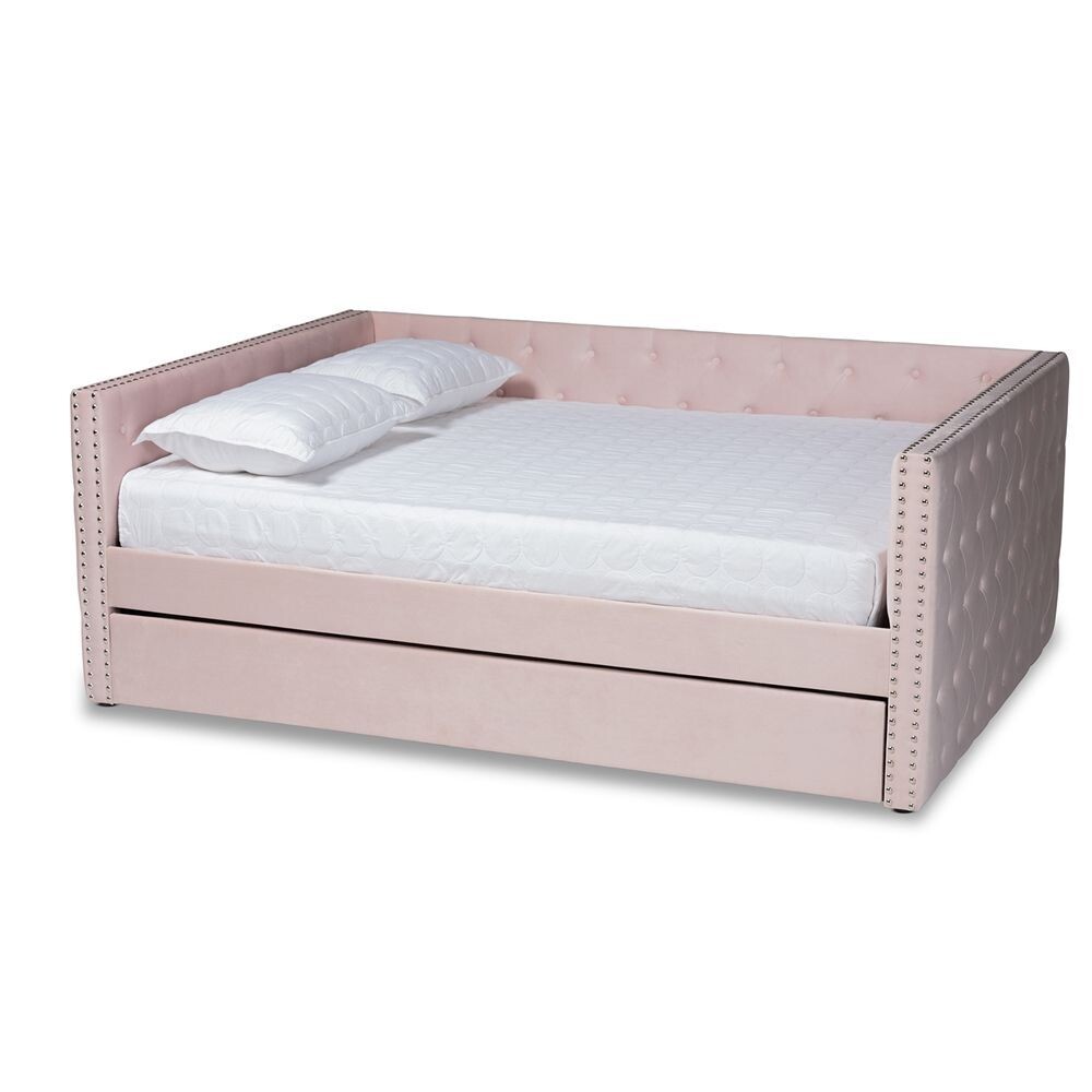 BAXTON STUDIO LARKIN MODERN AND CONTEMPORARY PINK VELVET FABRIC UPHOLSTERED FULL SIZE DAYBED WITH TRUNDLE
