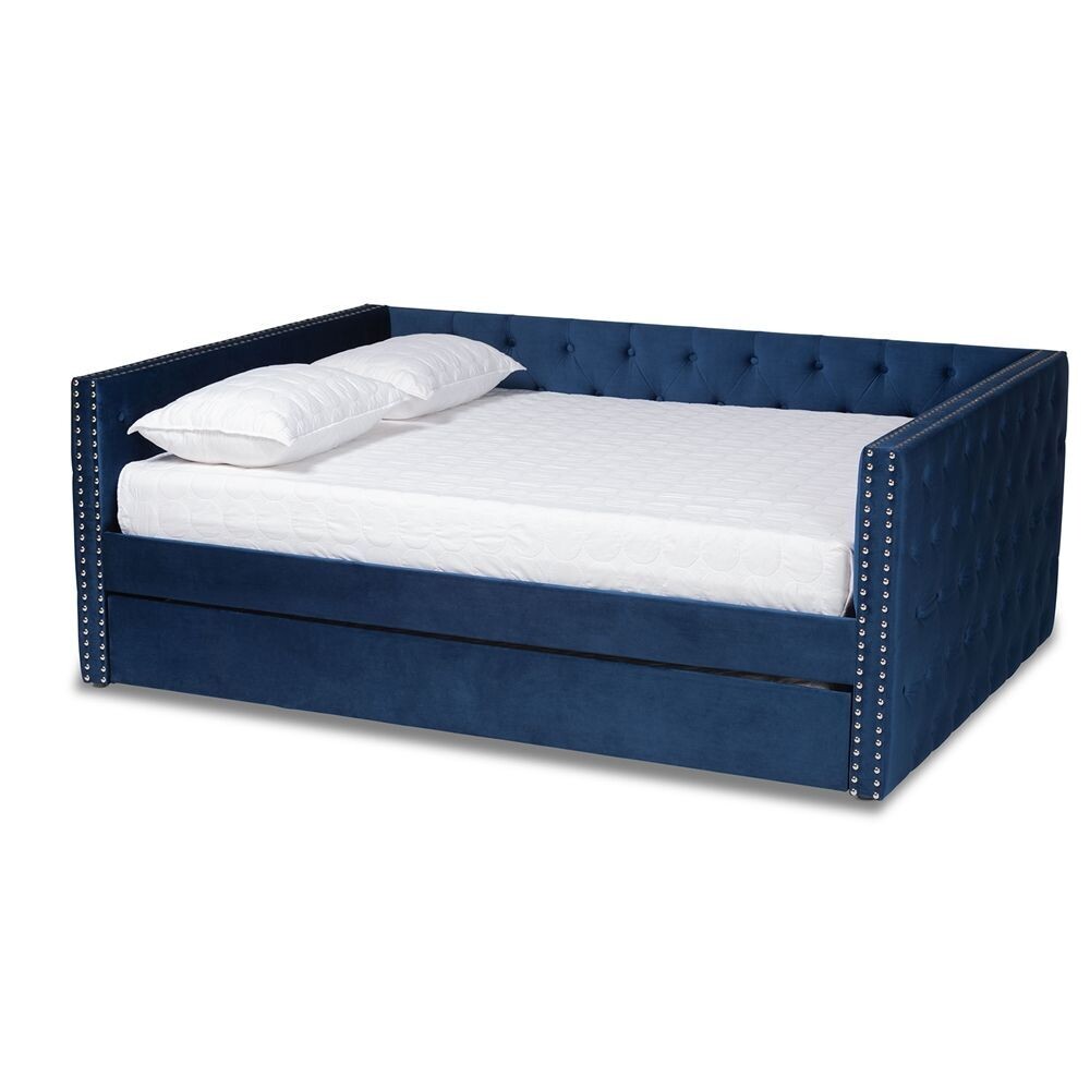 BAXTON STUDIO LARKIN MODERN AND CONTEMPORARY NAVY BLUE VELVET FABRIC UPHOLSTERED FULL SIZE DAYBED WITH TRUNDLE