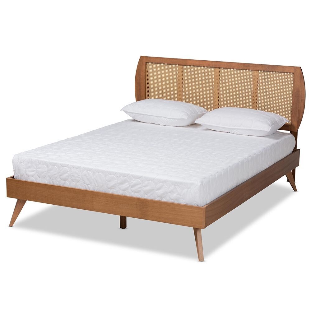 BAXTON STUDIO ASAMI MID-CENTURY MODERN WALNUT BROWN FINISHED WOOD AND SYNTHETIC RATTAN FULL SIZE PLATFORM BED