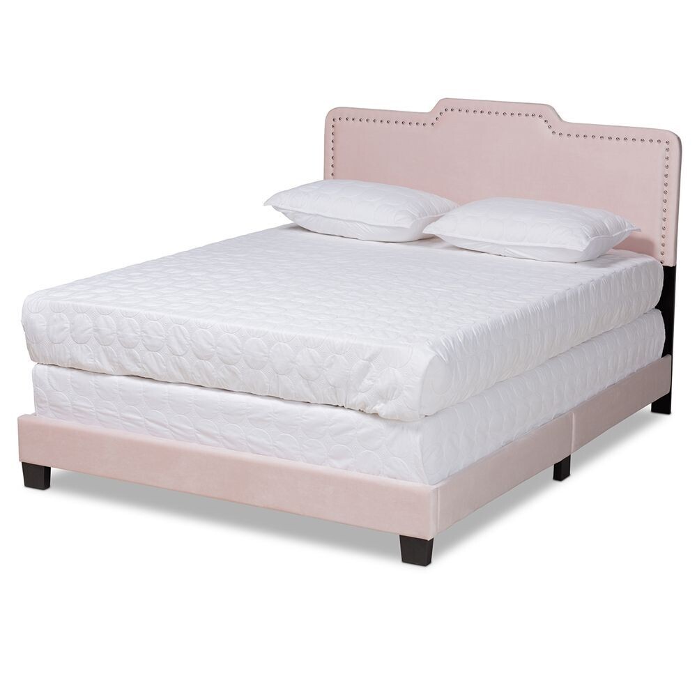 BAXTON STUDIO BENJEN MODERN AND CONTEMPORARY GLAM LIGHT PINK VELVET FABRIC UPHOLSTERED FULL SIZE PANEL BED