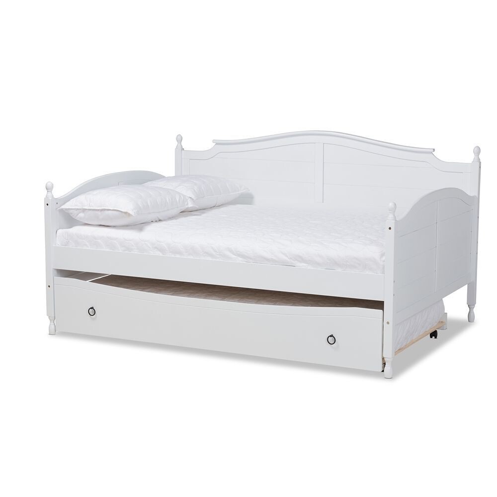 BAXTON STUDIO MARA COTTAGE FARMHOUSE WHITE FINISHED WOOD FULL SIZE DAYBED WITH ROLL-OUT TRUNDLE BED