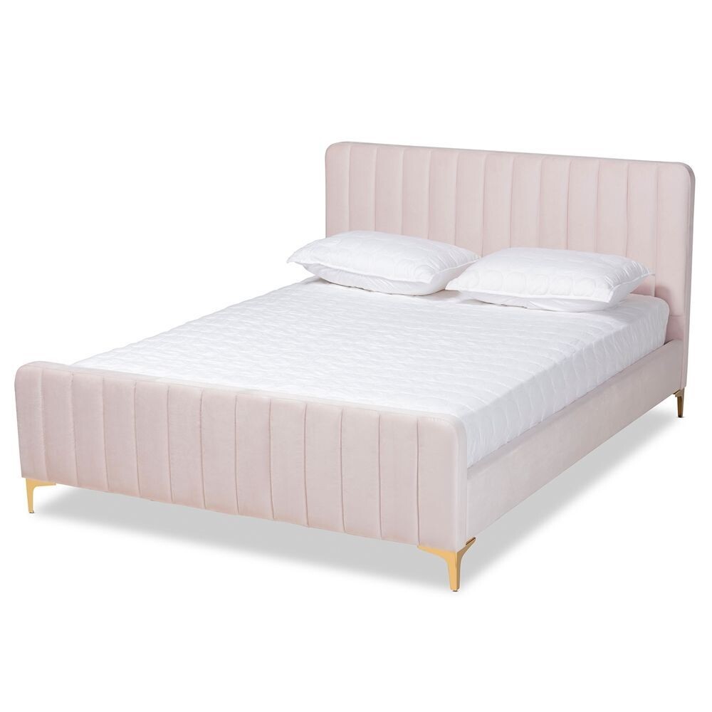 BAXTON STUDIO NAMI MODERN CONTEMPORARY GLAM AND LUXE LIGHT PINK VELVET FABRIC UPHOLSTERED AND GOLD FINISHED FULL SIZE PLATFORM BED