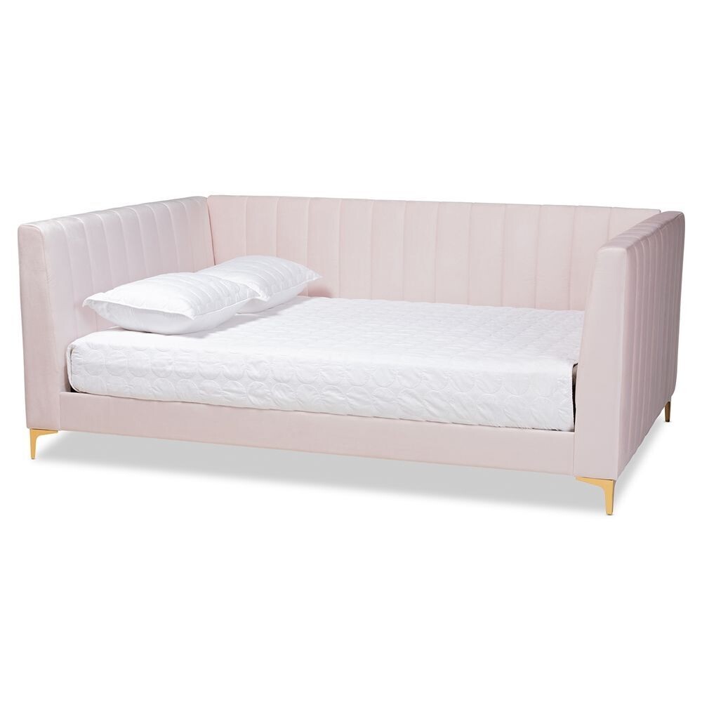 BAXTON STUDIO OKSANA MODERN CONTEMPORARY GLAM AND LUXE LIGHT PINK VELVET FABRIC UPHOLSTERED AND GOLD FINISHED FULL SIZE DAYBED