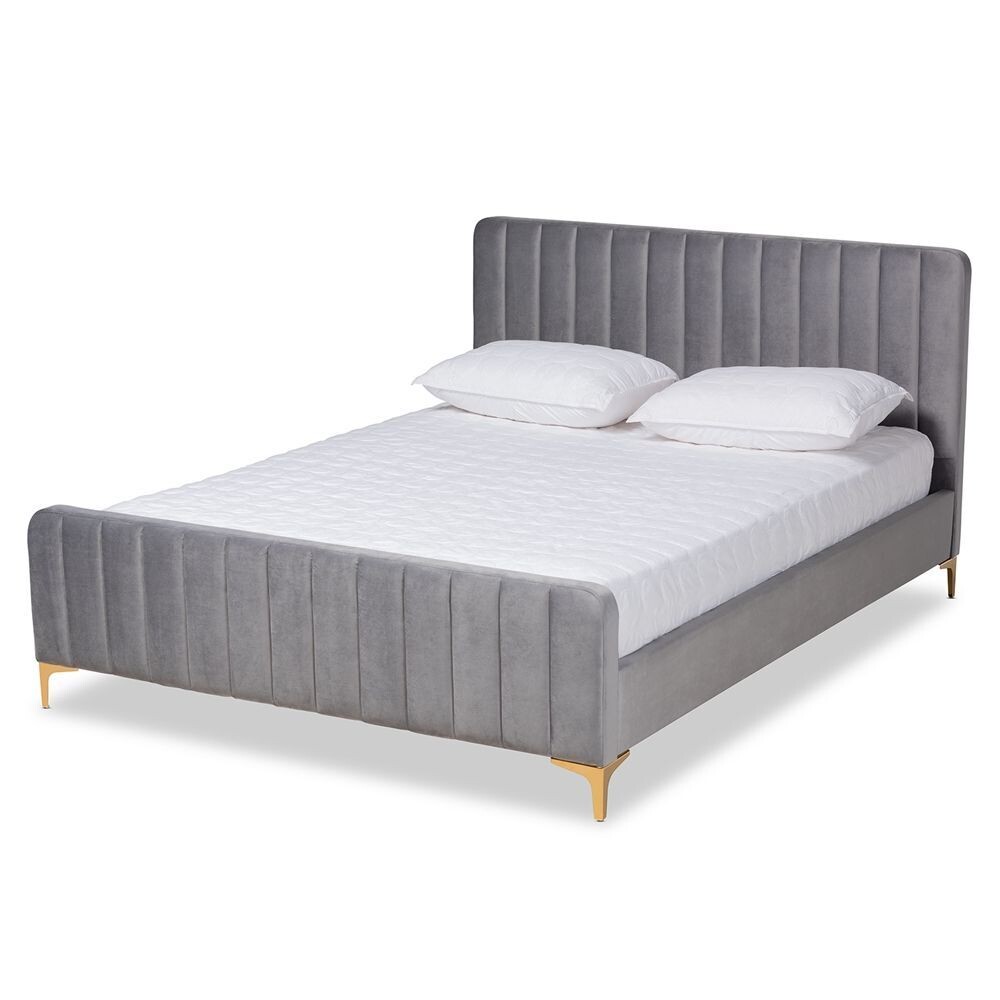 BAXTON STUDIO NAMI MODERN CONTEMPORARY GLAM AND LUXE LIGHT GREY VELVET FABRIC UPHOLSTERED AND GOLD FINISHED FULL SIZE PLATFORM BED
