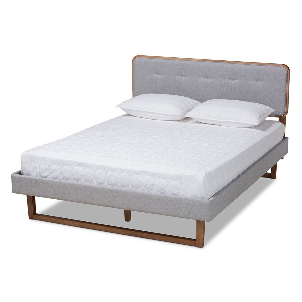 BAXTON STUDIO SOFIA MID-CENTURY MODERN LIGHT GREY FABRIC UPHOLSTERED AND ASH WALNUT FINISHED WOOD FULL SIZE PLATFORM BED
