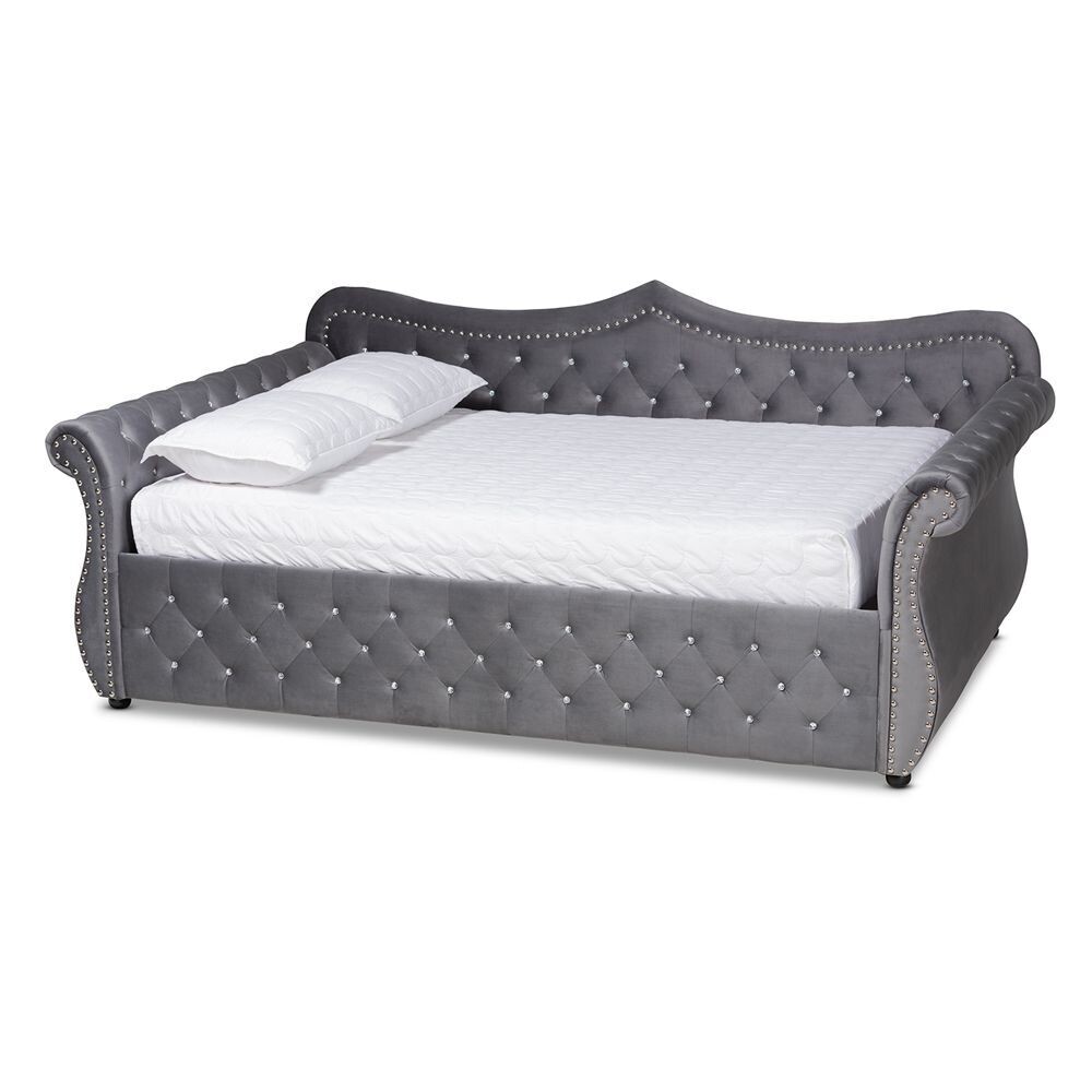 BAXTON STUDIO ABBIE TRADITIONAL AND TRANSITIONAL GREY VELVET FABRIC UPHOLSTERED AND CRYSTAL TUFTED FULL SIZE DAYBED