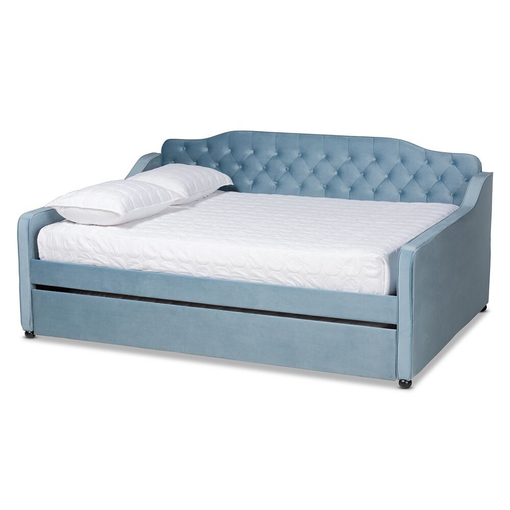 BAXTON STUDIO FREDA TRANSITIONAL AND CONTEMPORARY LIGHT BLUE VELVET FABRIC UPHOLSTERED AND BUTTON TUFTED FULL SIZE DAYBED WITH TRUNDLE