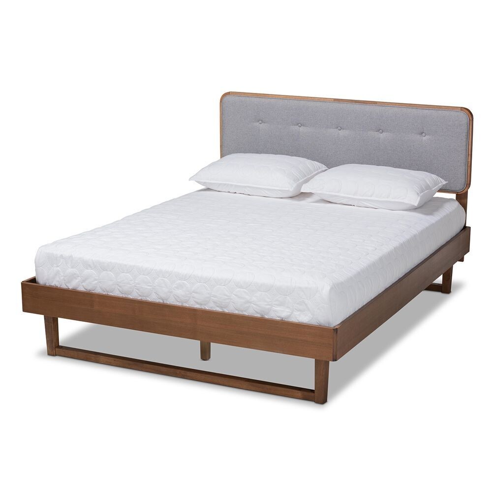 BAXTON STUDIO NATALIA MID-CENTURY MODERN LIGHT GREY FABRIC UPHOLSTERED AND ASH WALNUT FINISHED WOOD FULL SIZE PLATFORM BED