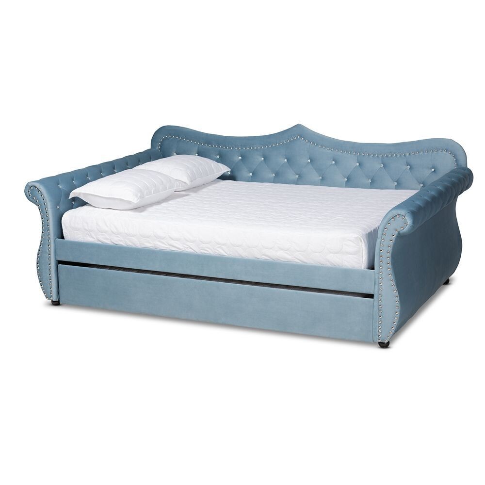 BAXTON STUDIO ABBIE TRADITIONAL AND TRANSITIONAL LIGHT BLUE VELVET FABRIC UPHOLSTERED AND CRYSTAL TUFTED FULL SIZE DAYBED WITH TRUNDLE