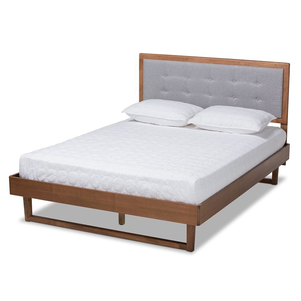 BAXTON STUDIO VIVIANA MODERN AND CONTEMPORARY LIGHT GREY FABRIC UPHOLSTERED AND ASH WALNUT FINISHED WOOD FULL SIZE PLATFORM BED