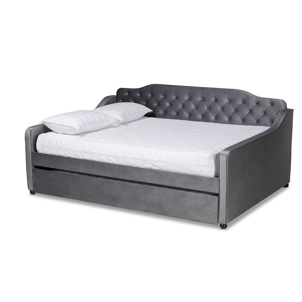 BAXTON STUDIO FREDA TRANSITIONAL AND CONTEMPORARY GREY VELVET FABRIC UPHOLSTERED AND BUTTON TUFTED FULL SIZE DAYBED WITH TRUNDLE