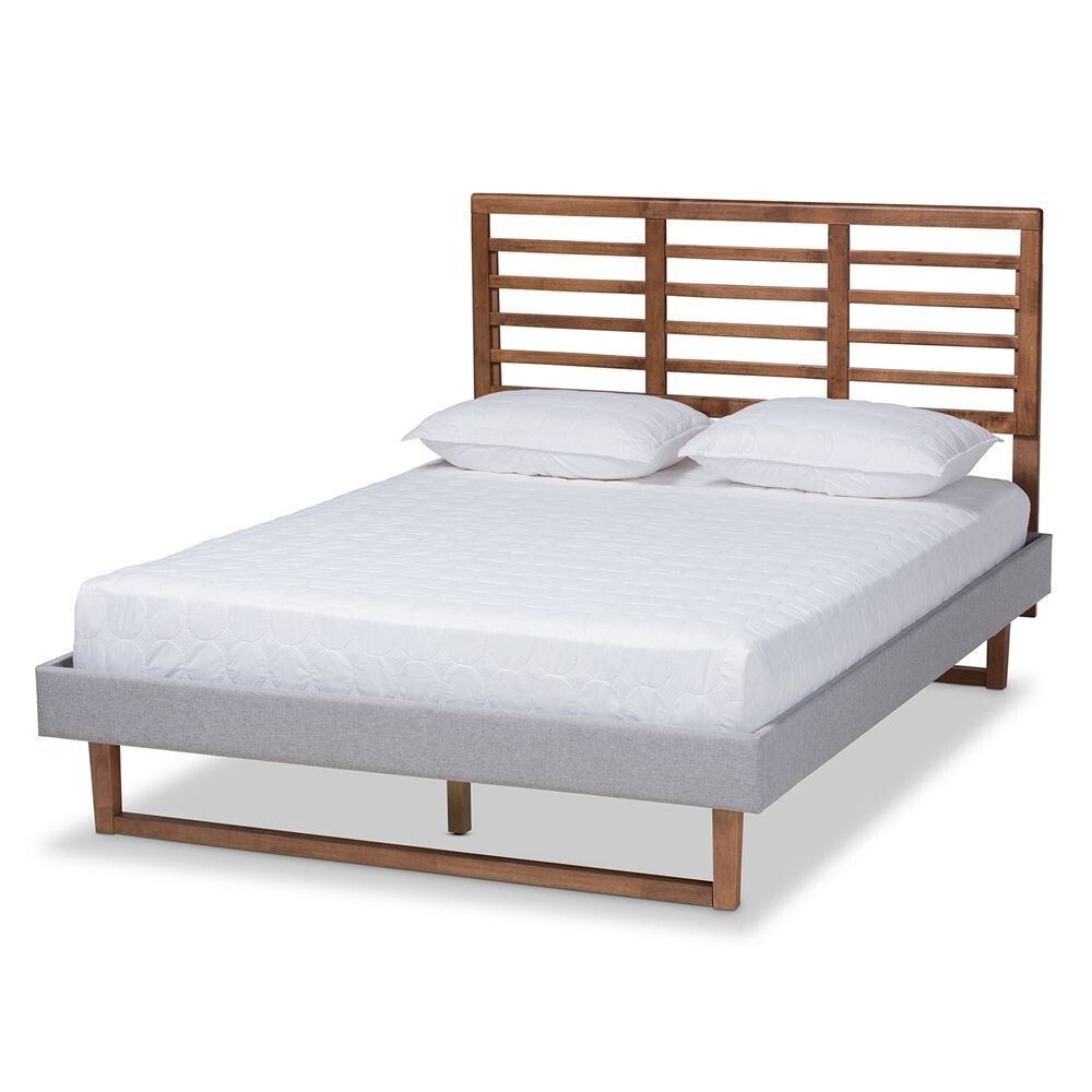 BAXTON STUDIO LUCIANA MODERN AND CONTEMPORARY LIGHT GREY FABRIC UPHOLSTERED AND ASH WALNUT BROWN FINISHED WOOD FULL SIZE PLATFORM BED