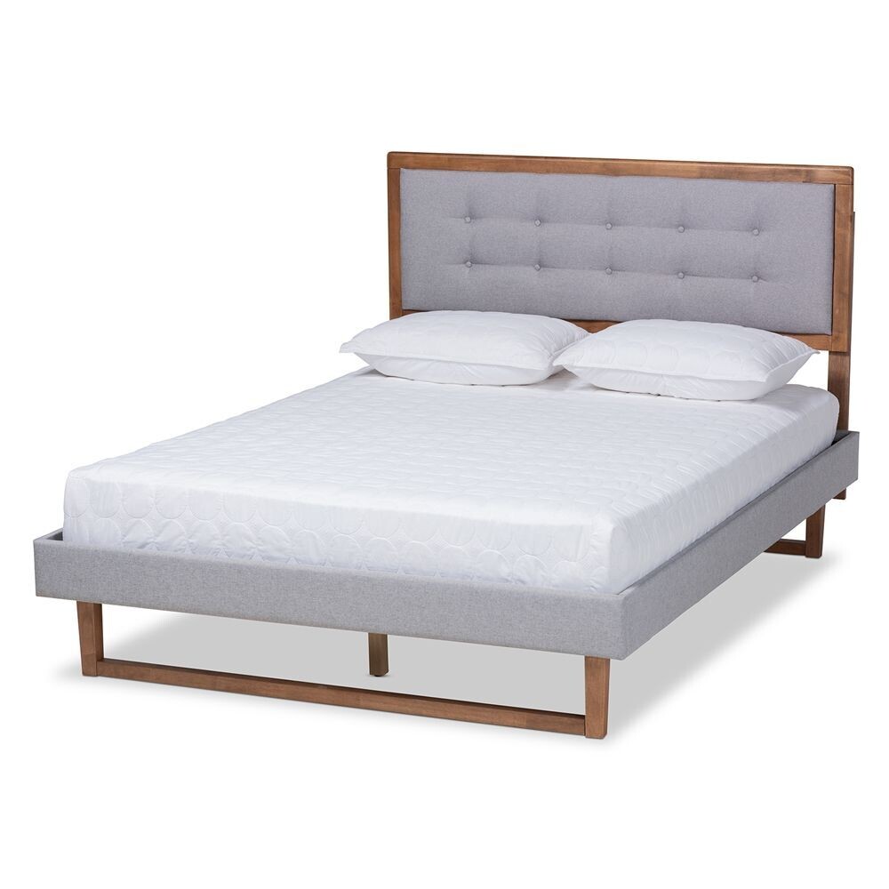 BAXTON STUDIO LIVINIA MODERN TRANSITIONAL LIGHT GREY FABRIC UPHOLSTERED AND ASH WALNUT BROWN FINISHED WOOD FULL SIZE PLATFORM BED