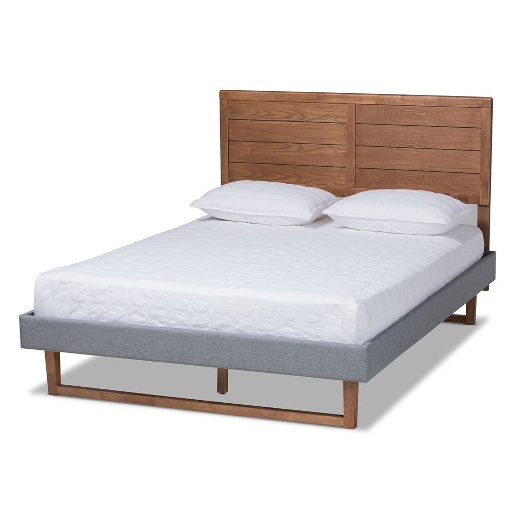 BAXTON STUDIO GABRIELA RUSTIC MODERN DARK GREY FABRIC UPHOLSTERED AND ASH WALNUT BROWN FINISHED WOOD FULL SIZE PLATFORM BED