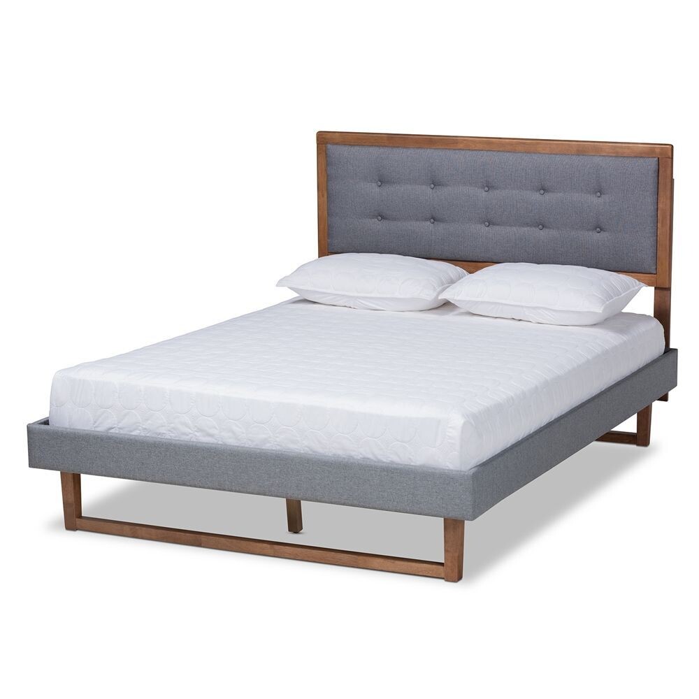 BAXTON STUDIO EMELE MODERN TRANSITIONAL DARK GREY FABRIC UPHOLSTERED AND ASH WALNUT BROWN FINISHED WOOD FULL SIZE PLATFORM BED