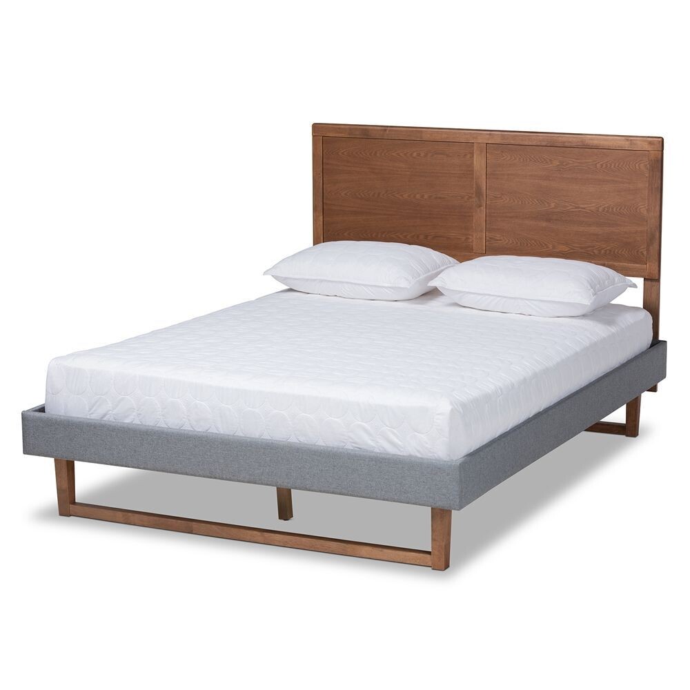 BAXTON STUDIO ALLEGRA MID-CENTURY MODERN DARK GREY FABRIC UPHOLSTERED AND ASH WALNUT BROWN FINISHED WOOD FULL SIZE PLATFORM BED