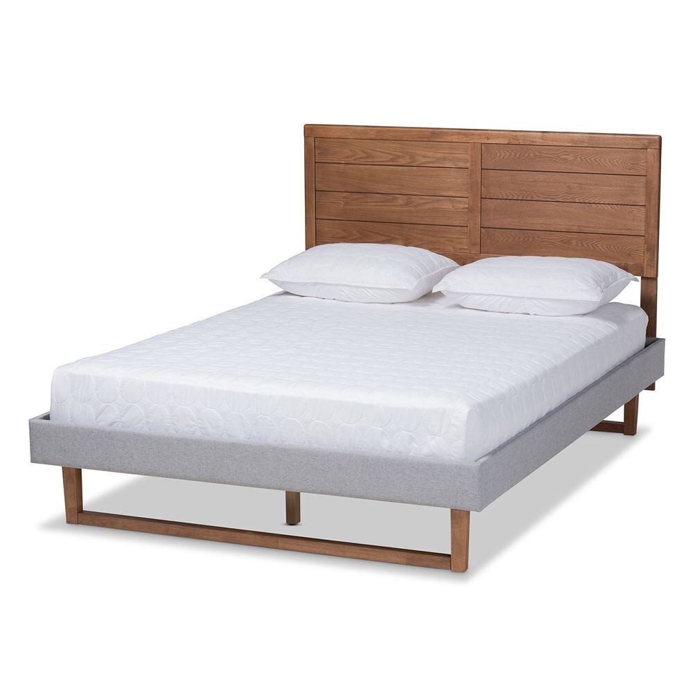 BAXTON STUDIO CLAUDIA RUSTIC MODERN LIGHT GREY FABRIC UPHOLSTERED AND WALNUT BROWN FINISHED WOOD FULL SIZE PLATFORM BED