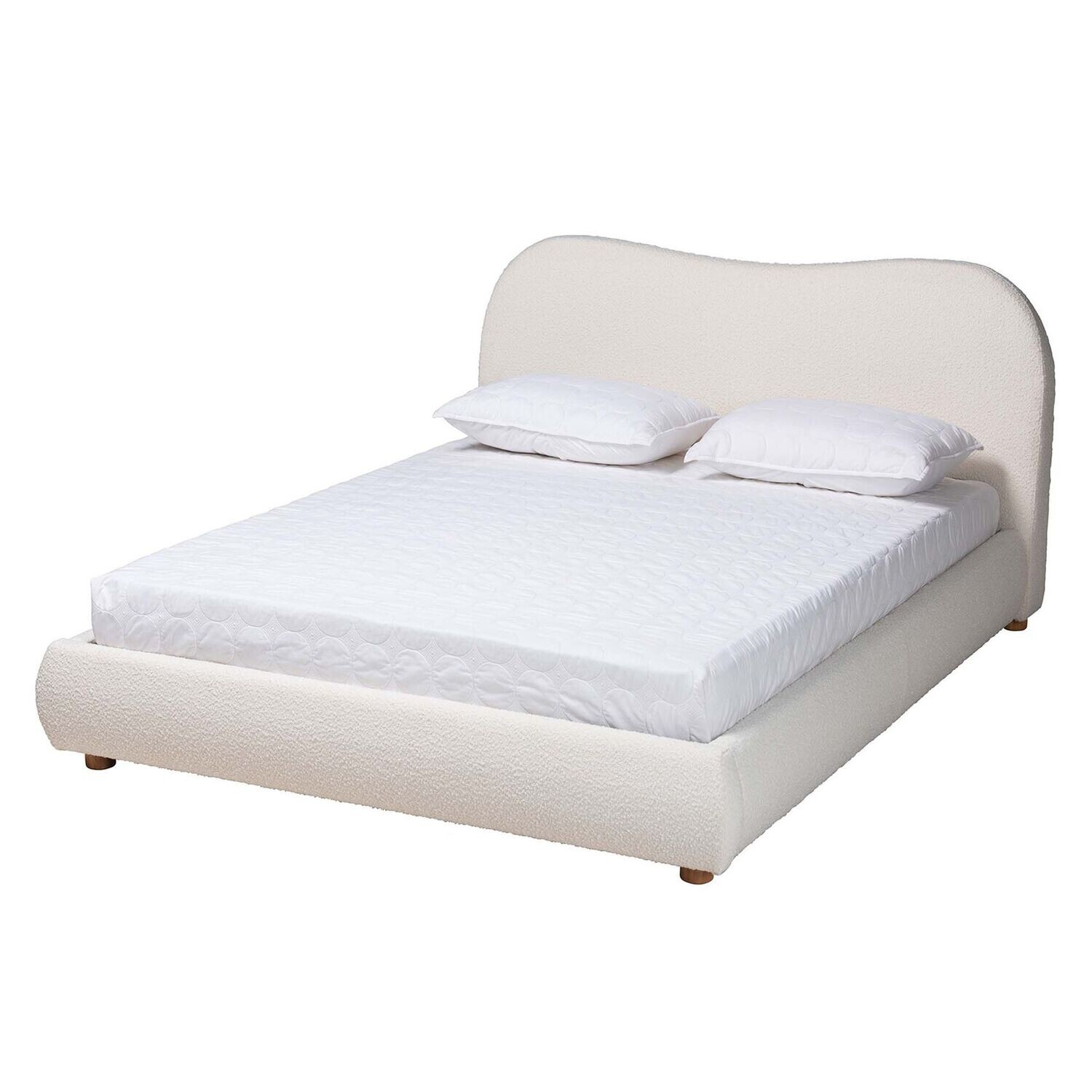 BAXTON STUDIO MAYA MID-CENTURY MODERN CREAM BOUCLE FABRIC AND OAK BROWN FINISHED WOOD QUEEN SIZE PLATFORM BED