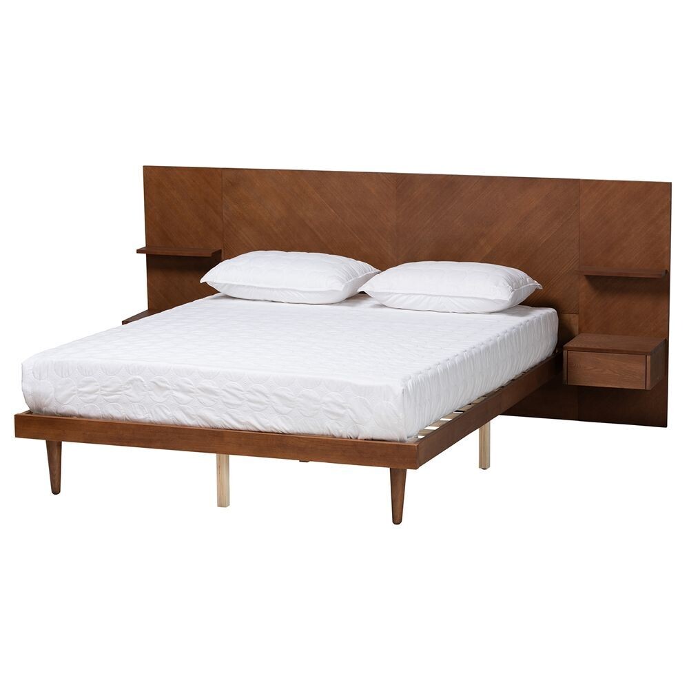 BAXTON STUDIO GRAHAM MID-CENTURY MODERN TRANSITIONAL ASH WALNUT FINISHED WOOD QUEEN SIZE PLATFORM STORAGE BED WITH BUILT-IN NIGHTSTANDS