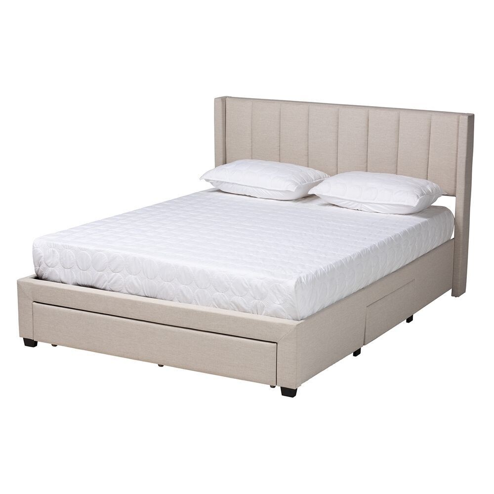 BAXTON STUDIO CORONADO MID-CENTURY MODERN TRANSITIONAL BEIGE FABRIC QUEEN SIZE 3-DRAWER STORAGE PLATFORM BED