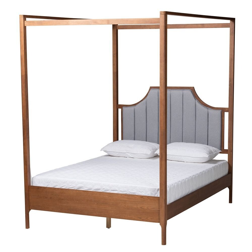 BAXTON STUDIO DAKOTA CLASSIC AND TRADITIONAL LIGHT GREY FABRIC AND ASH WALNUT FINISHED WOOD QUEEN SIZE PLATFORM CANOPY BED