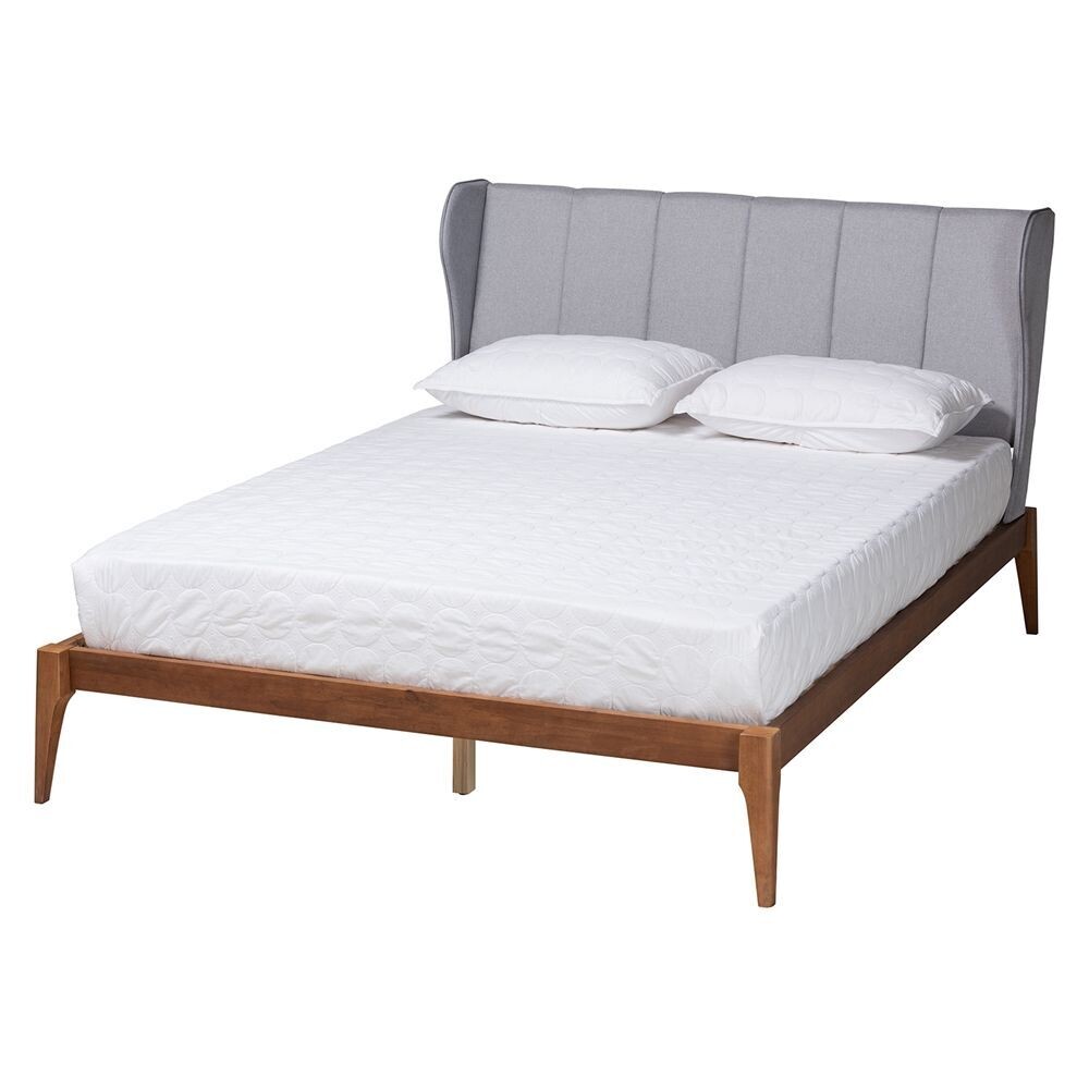 BAXTON STUDIO ROYCE MID-CENTURY MODERN TRANSITIONAL LIGHT GREY FABRIC AND ASH WALNUT FINISHED WOOD QUEEN SIZE BED