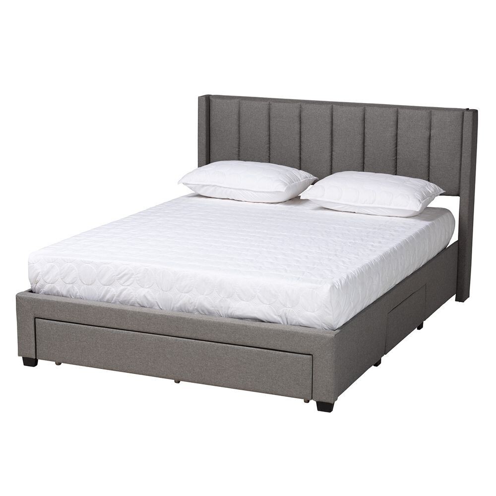 BAXTON STUDIO CORONADO MID-CENTURY MODERN TRANSITIONAL GREY FABRIC QUEEN SIZE 3-DRAWER STORAGE PLATFORM BED