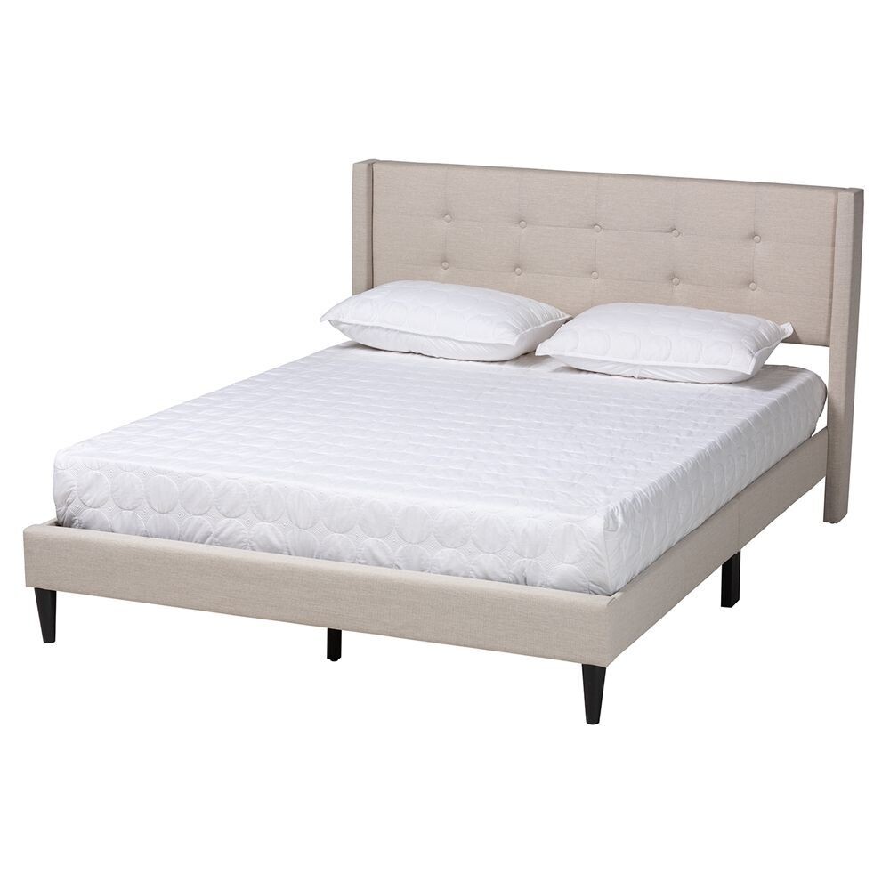 BAXTON STUDIO CASOL MID-CENTURY MODERN TRANSITIONAL BEIGE FABRIC UPHOLSTERED QUEEN SIZE PLATFORM BED