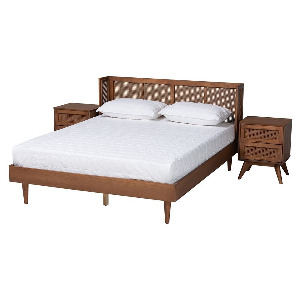 BAXTON STUDIO RINA MID-CENTURY MODERN ASH WALNUT FINISHED WOOD 3-PIECE QUEEN SIZE BEDROOM SET WITH SYNTHETIC RATTAN