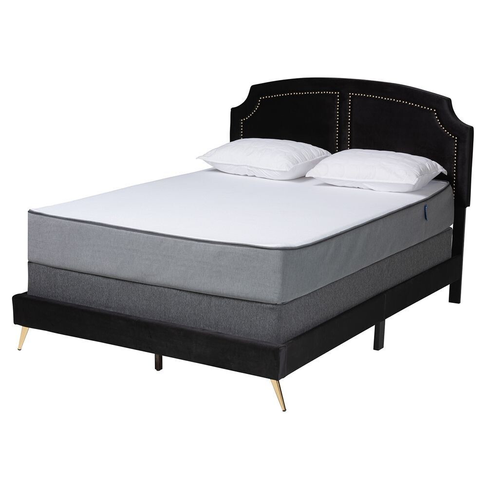 BAXTON STUDIO OXLEY TRADITIONAL GLAM AND LUXE BLACK VELVET AND GOLD METAL QUEEN SIZE PANEL BED